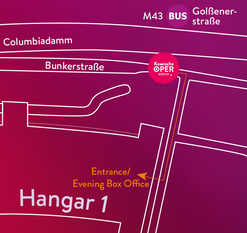 Grafische Wegbeschreibung zum Eingang der Komischen Oper Berlin im Hangar 1, öffnet Google Maps